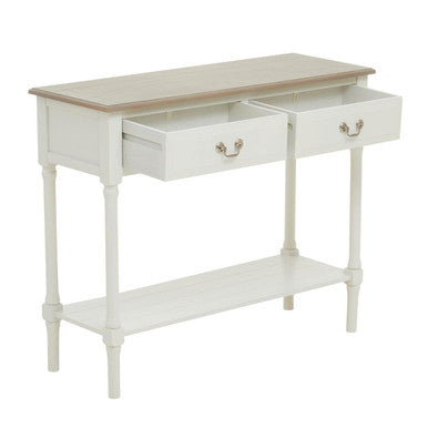 Natural Wood Frame and White 2 Drawer Pine Wood Side Table with Lower Storage Shelf, Heritage
