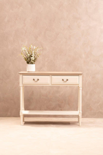 Natural Wood Frame and White 2 Drawer Pine Wood Side Table with Lower Storage Shelf, Heritage