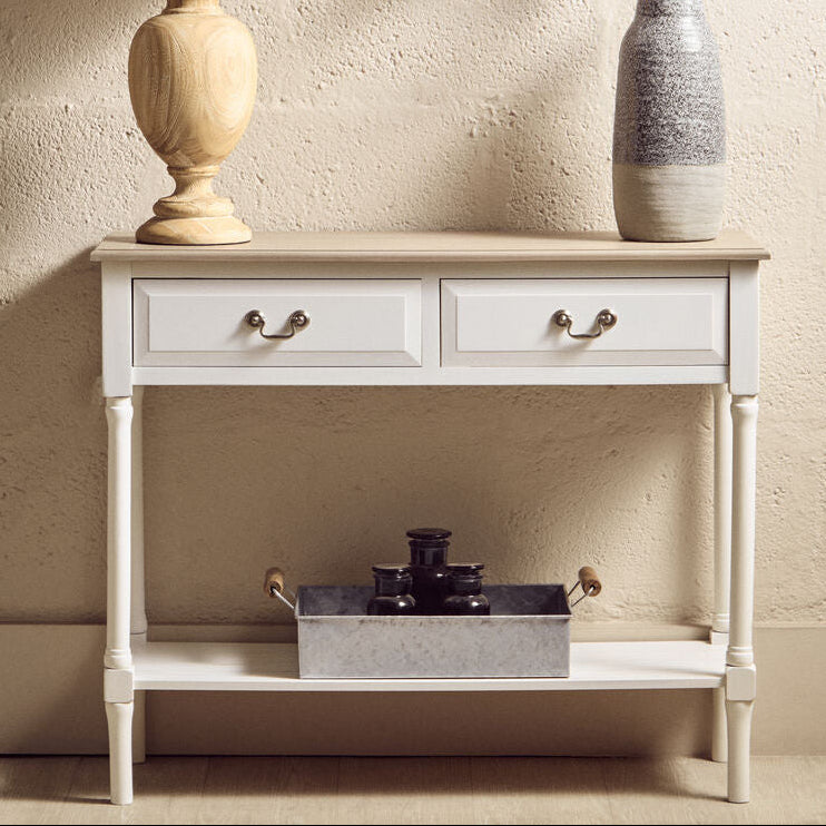 Natural Wood Frame and White 2 Drawer Pine Wood Side Table with Lower Storage Shelf, Heritage