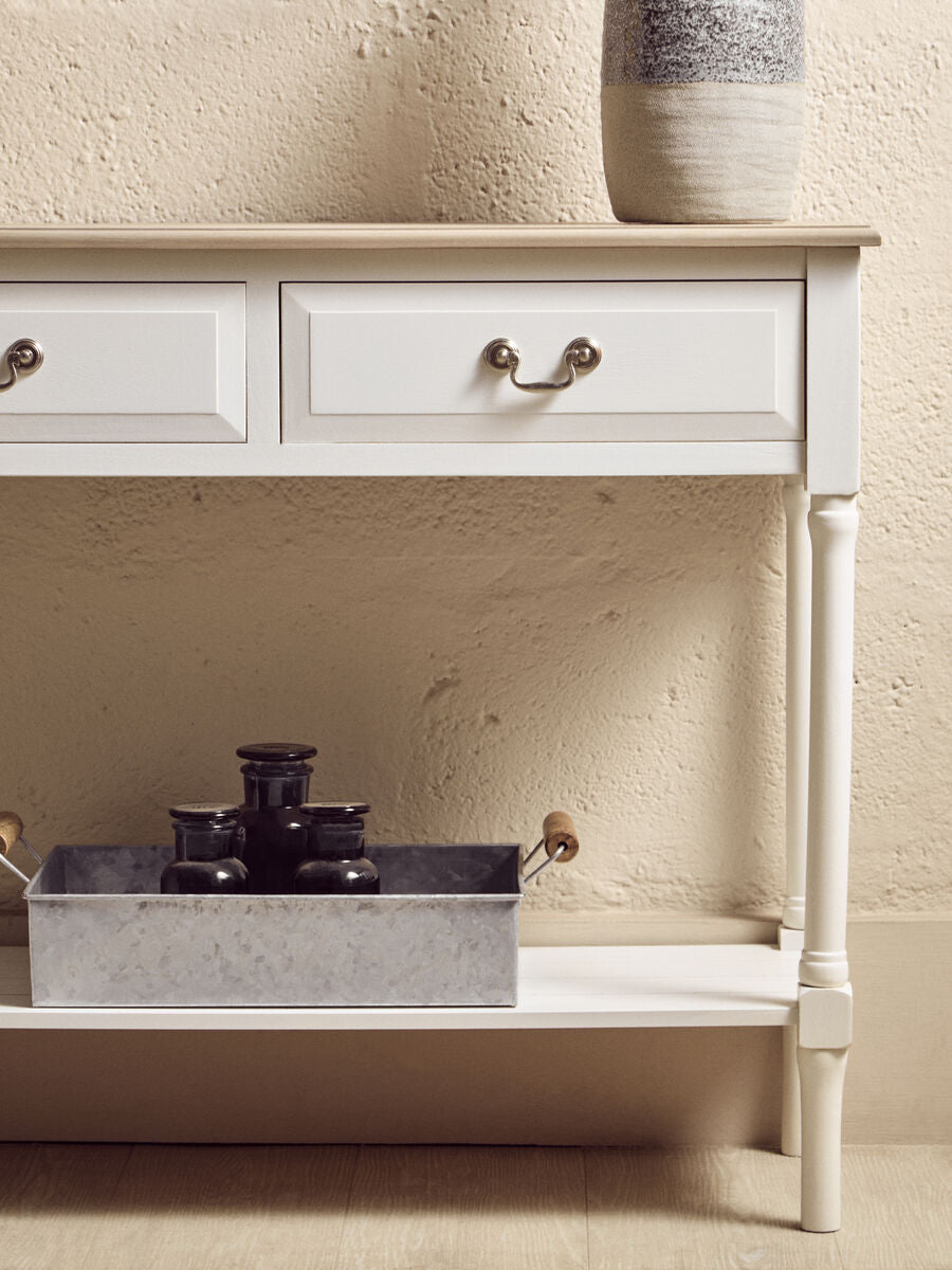 Natural Wood Frame and White 2 Drawer Pine Wood Side Table with Lower Storage Shelf, Heritage