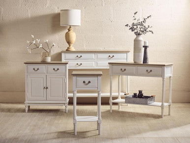 Natural Wood Frame and White 2 Drawer Pine Wood Side Table with Lower Storage Shelf, Heritage