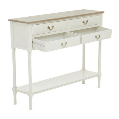 Natural Wood Frame and White 4 Drawer Pine Wood Side Table with Lower Storage Shelf, Heritage