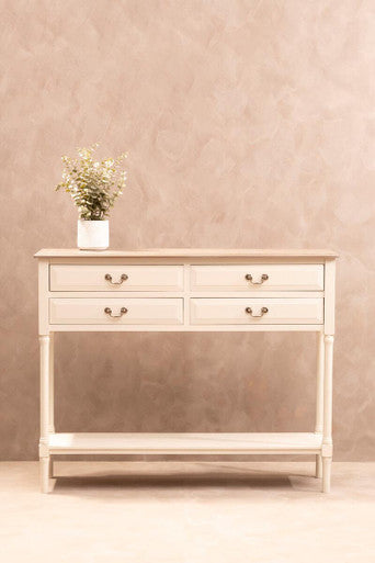 Natural Wood Frame and White 4 Drawer Pine Wood Side Table with Lower Storage Shelf, Heritage