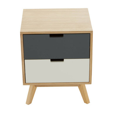 Grey and White Two-Drawer Bedside Table with Natural Wood Finish Frame, Watson