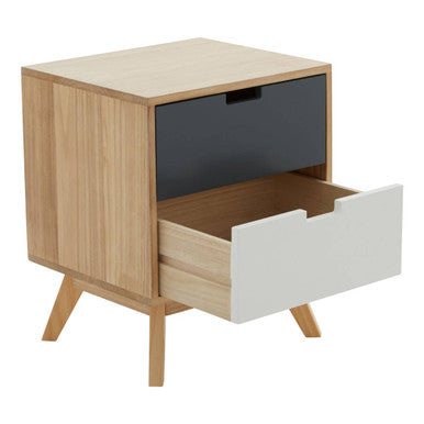 Grey and White Two-Drawer Bedside Table with Natural Wood Finish Frame, Watson