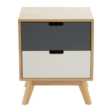 Grey and White Two-Drawer Bedside Table with Natural Wood Finish Frame | Watson