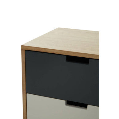 Grey and White Two-Drawer Bedside Table with Natural Wood Finish Frame | Watson