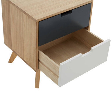 Grey and White Two-Drawer Bedside Table with Natural Wood Finish Frame | Watson