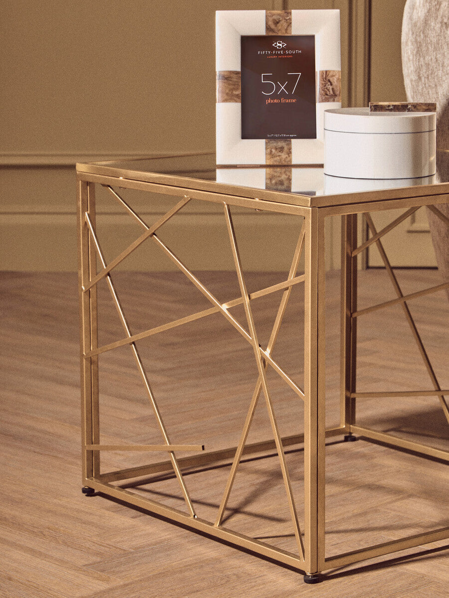 Gold Finish Metal Frame Side Table with Mirror Top, Farran