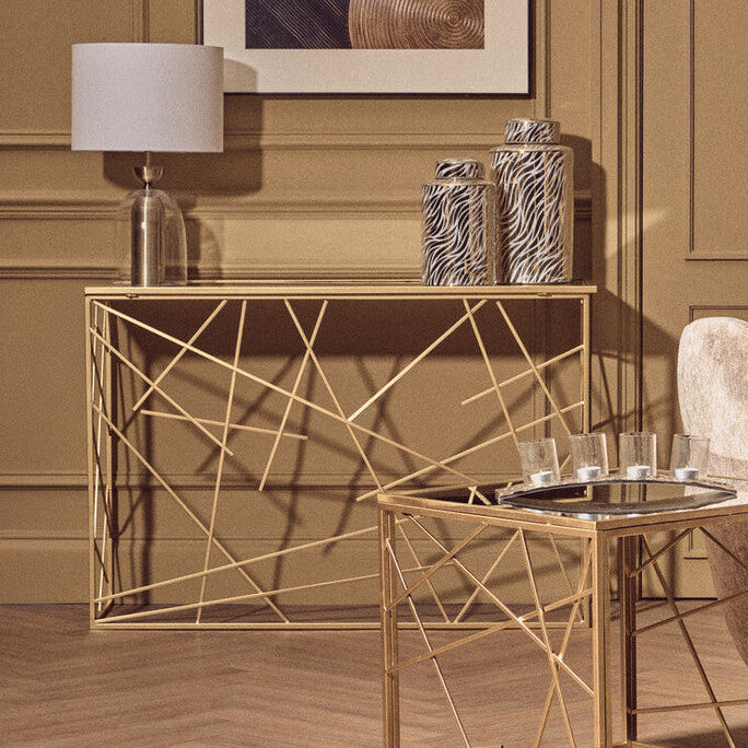 Gold Finish Metal Frame Console Table with Mirror Top, Farran