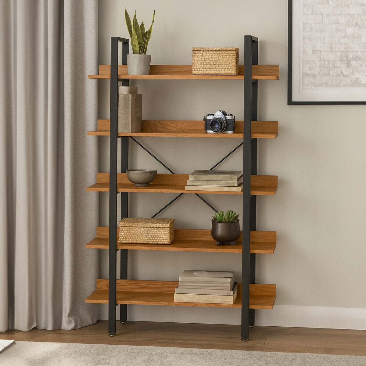 Laxton 5 Tier Wood Finish Shelves And Black Frame Shelf Unit