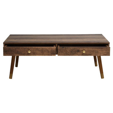 Brown Wood Veneer Coffee Table with 2 Drawers and Angular Wooden Legs, Frida