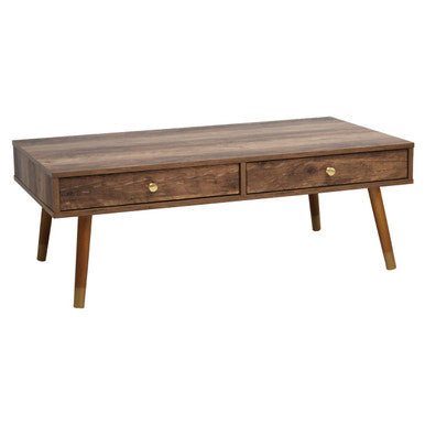 Brown Wood Veneer Coffee Table with 2 Drawers and Angular Wooden Legs, Frida