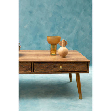 Brown Wood Veneer Coffee Table with 2 Drawers and Angular Wooden Legs, Frida