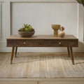 Brown Wood Veneer Coffee Table with 2 Drawers and Angular Wooden Legs | Frida