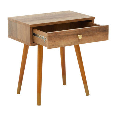 Natural Brown Wood Effect Bedside Table with 1 Drawer and Angular Legs, Frida