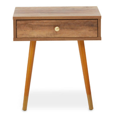 Natural Brown Wood Effect Bedside Table with 1 Drawer and Angular Legs, Frida