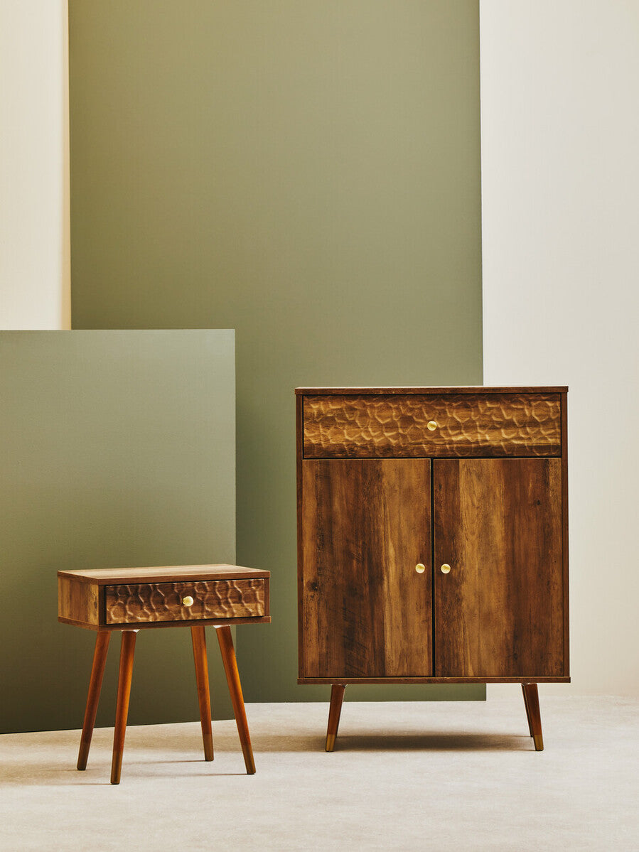 Natural Brown Wood Effect Bedside Table with 1 Drawer and Angular Legs, Frida
