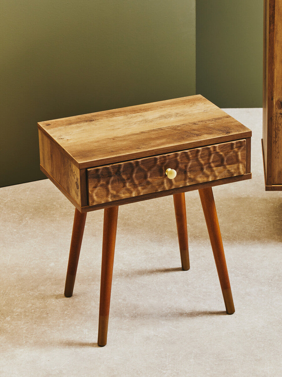 Natural Brown Wood Effect Bedside Table with 1 Drawer and Angular Legs, Frida