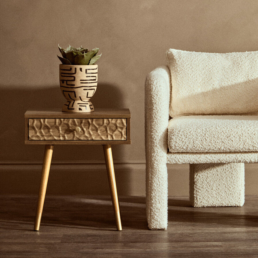 Natural Brown Wood Effect Bedside Table with 1 Drawer and Angular Legs, Frida