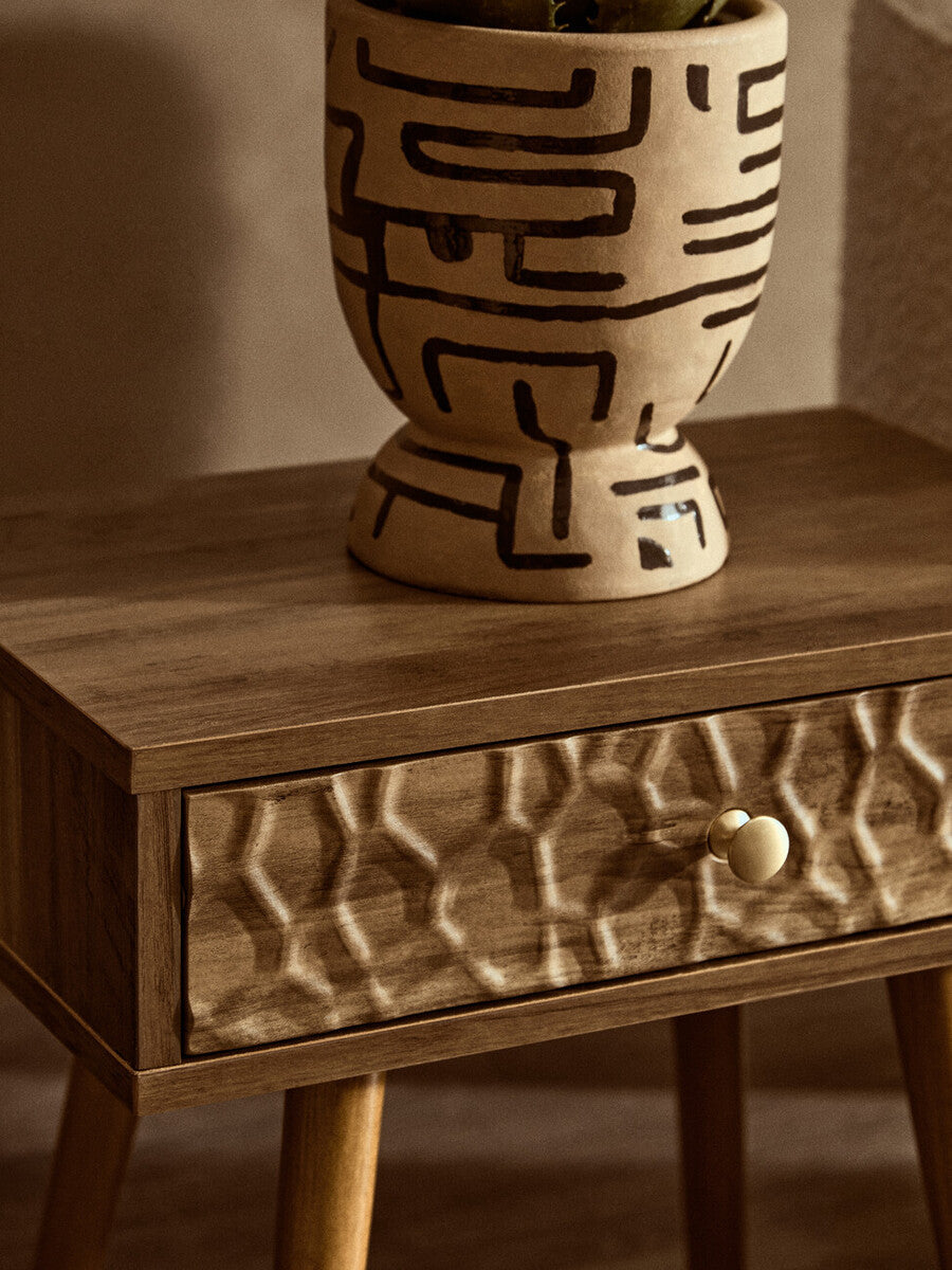 Natural Brown Wood Effect Bedside Table with 1 Drawer and Angular Legs, Frida