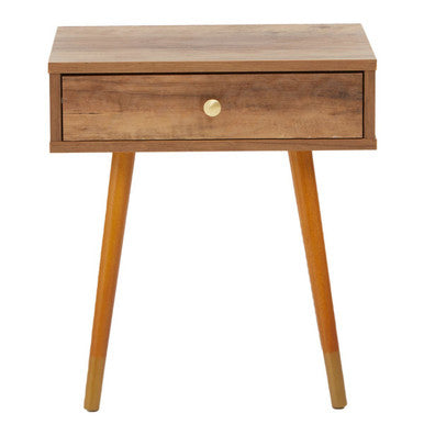 Natural Brown Wood Effect Bedside Table with 1 Drawer and Angular Legs, Frida