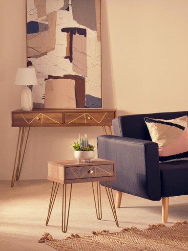 Wood Effect Console Table with 2 Storage Drawers and Hairpin Metal Legs, Flori