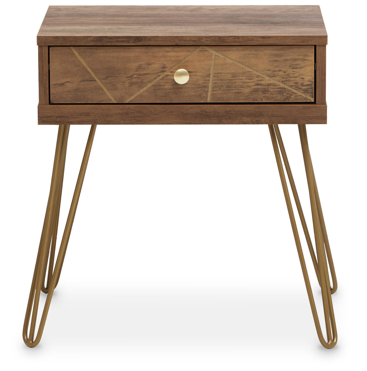 Brown Wood Top 1-Drawer Side Table with Hairpin Legs, Flori