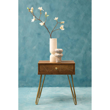 Brown Wood Top 1-Drawer Side Table with Hairpin Legs, Flori