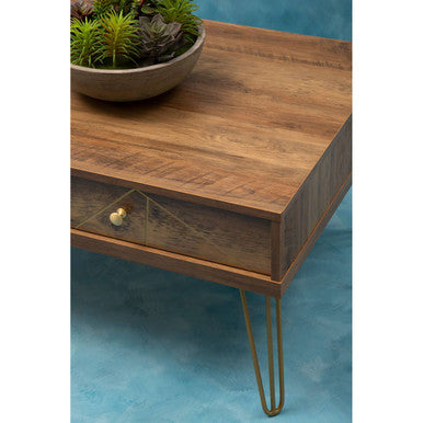 Brown Wood Top 2-Drawer Coffee Table with Hairpin Legs, Flori