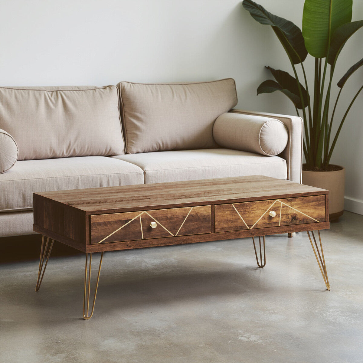 Brown Wood Top 2-Drawer Coffee Table with Hairpin Legs, Flori