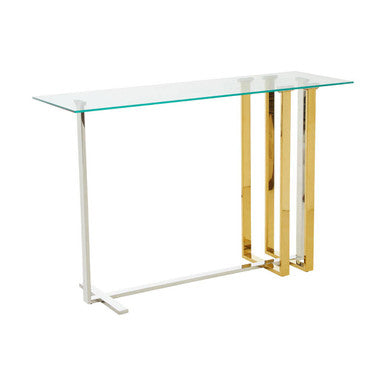 Silver and Gold Steel Frame Console Table with Glass Top, Alvea