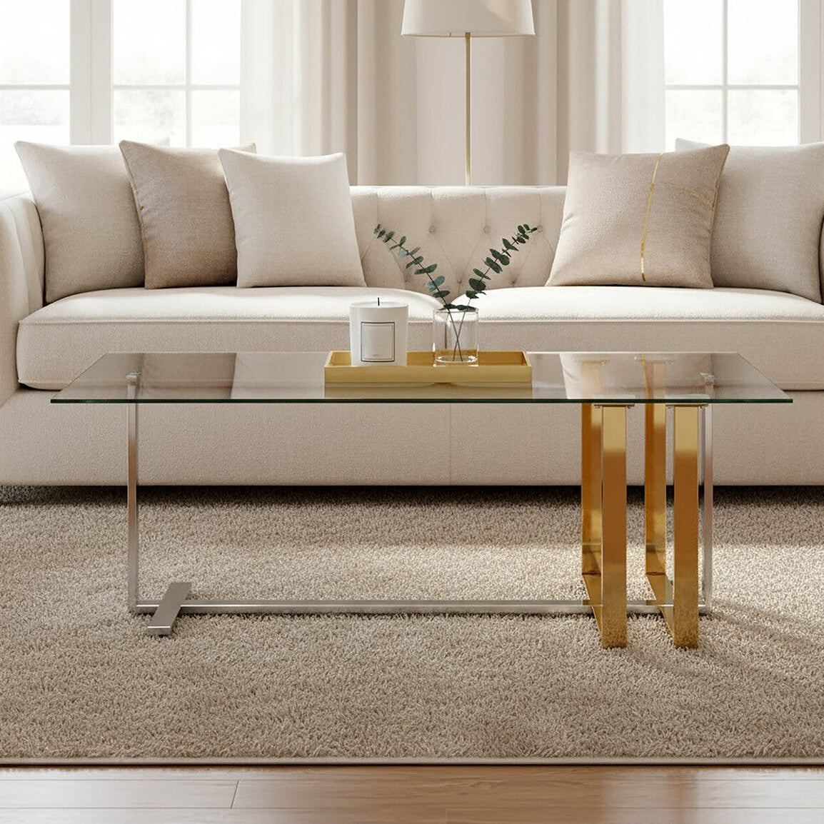 Silver and Gold Steel Frame Coffee Table with Glass Top, Alvea
