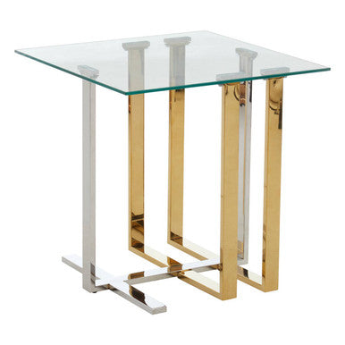 Silver and Gold Steel Frame Side Table with Glass Top, Alvea