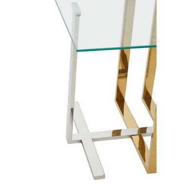 Silver and Gold Steel Frame Side Table with Glass Top, Alvea