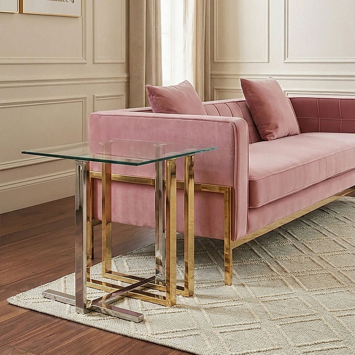 Silver and Gold Steel Frame Side Table with Glass Top, Alvea