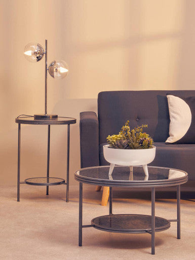 Black and Silver Metal Frame 2-Tier Side Table with Round Mirrored Glass Top, Xania