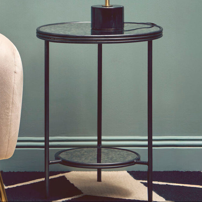 Black and Silver Metal Frame 2-Tier Side Table with Round Mirrored Glass Top, Xania