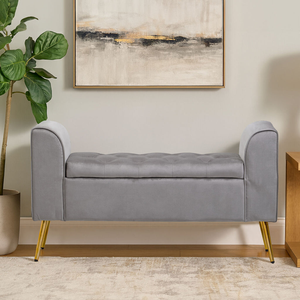 Loretta Grey Velvet Storage Bench with Tufted Seat