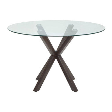 Clear Glass Top Round Dining Table with Black Wood Effect Metal Legs, Salford