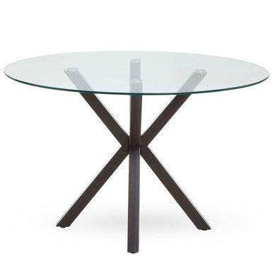 Clear Glass Top Round Dining Table with Black Wood Effect Metal Legs, Salford