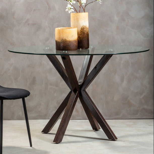 Clear Glass Top Round Dining Table with Black Wood Effect Metal Legs, Salford