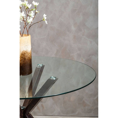 Clear Glass Top Round Dining Table with Black Wood Effect Metal Legs, Salford