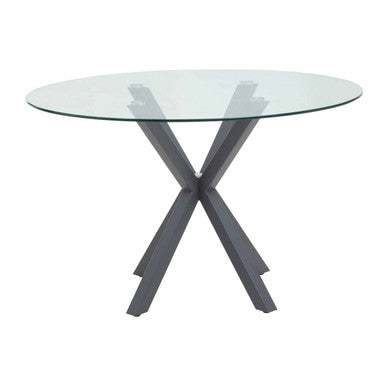Clear Glass Top Round Dining Table with Grey Metal Legs, Salford