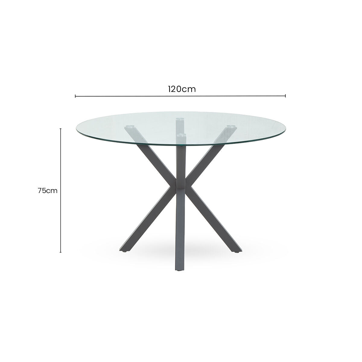 Clear Glass Top Round Dining Table with Grey Metal Legs, Salford