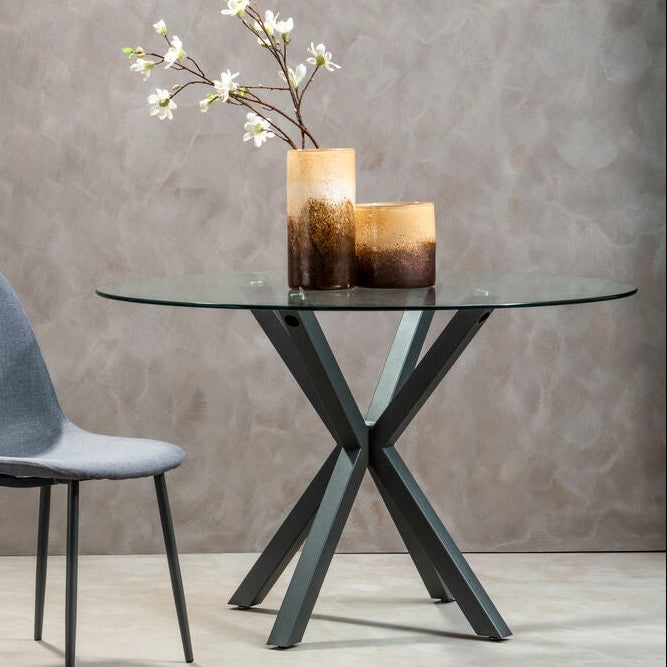 Clear Glass Top Round Dining Table with Grey Metal Legs, Salford