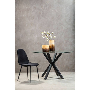 Clear Glass Top Round Dining Table with Black Metal Legs, Salford