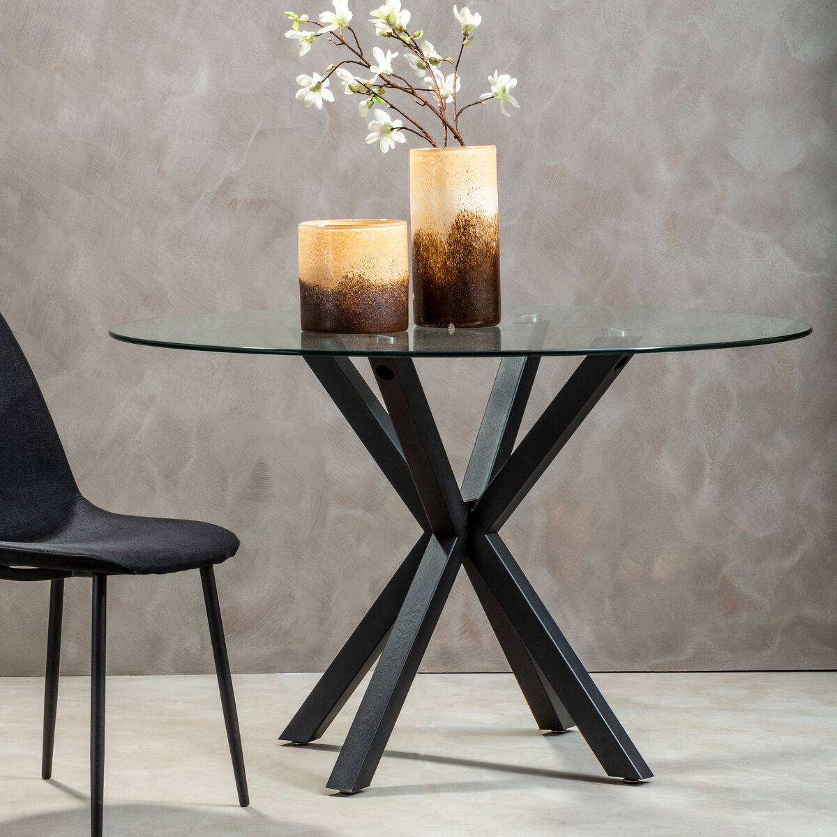 Clear Glass Top Round Dining Table with Black Metal Legs, Salford