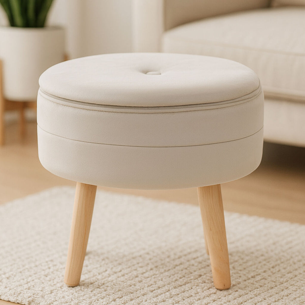 Ivy Mink Velvet Storage Stool with Wooden Legs