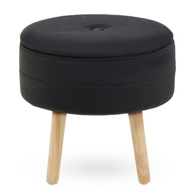 Ivy Black Velvet Storage Stool with Wooden Legs